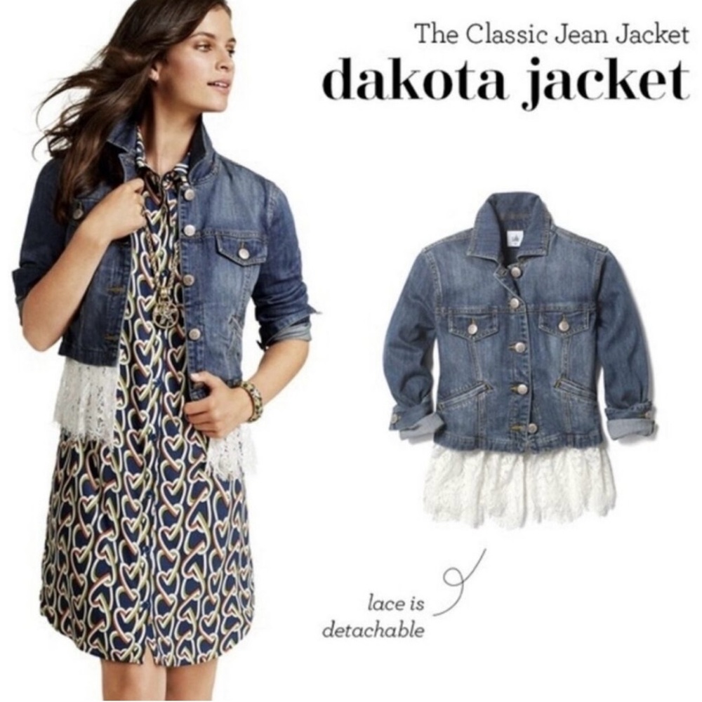 Cabi Dakota Blue Jean Jacket with Detachable Lace Trim Sz S